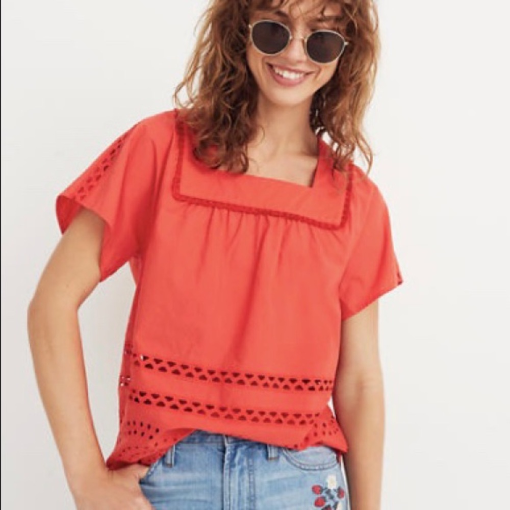 Madewell Eyelet Angelica Red Poplin Top Size XL